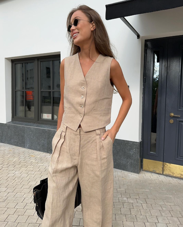Athena Tailored Linen Set with Sleeveless Vest