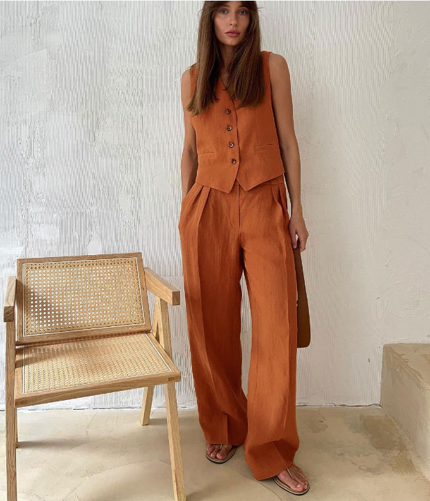 Athena Tailored Linen Set with Sleeveless Vest