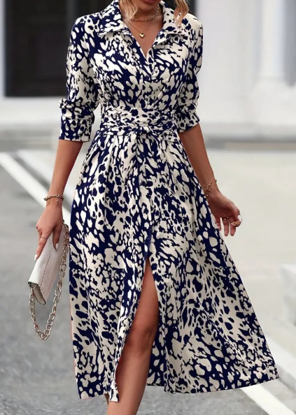 Printed Button Long Sleeve Waist Dress