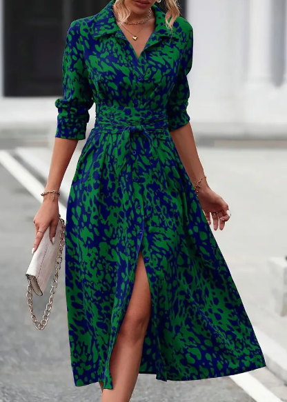 Printed Button Long Sleeve Waist Dress