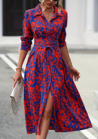 Printed Button Long Sleeve Waist Dress