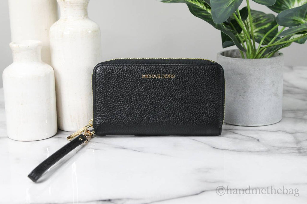 Michael Kors Jet Leather Black Gold Multifunction Phone Wristlet Wallet