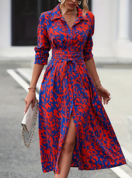 Printed Button Long Sleeve Waist Dress